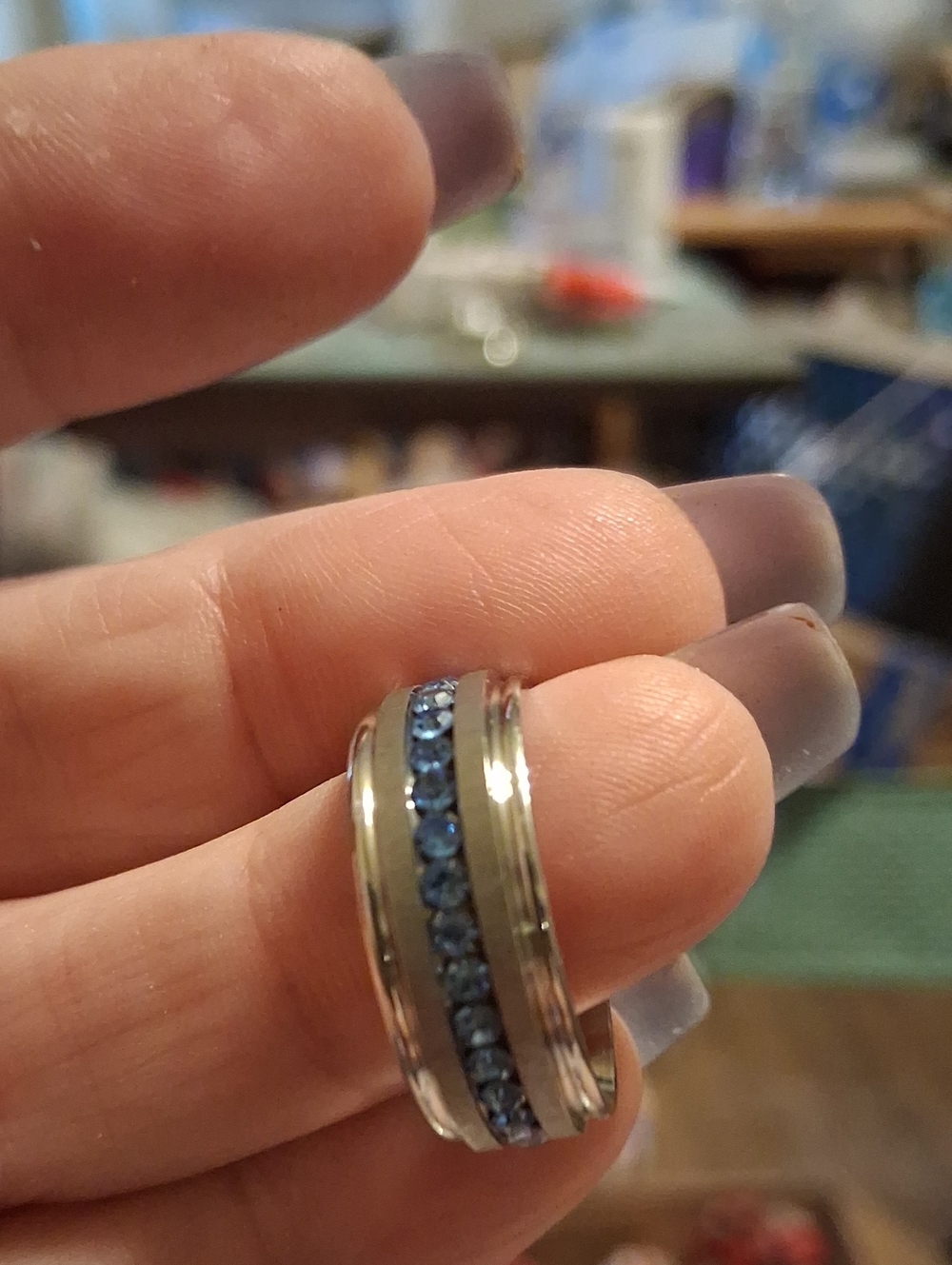 Blue Crystal Inset Silver-Tone Women's Ring